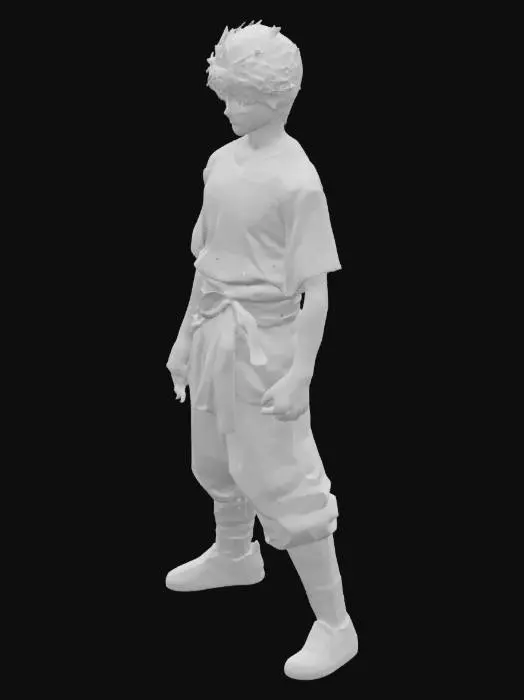 3D model for An unparalleled, hyper-realistic 3D model of Gojo Satoru, flawlessly rendered with no glitches or missing textures. His dynamic, spiky white hair boasts individually sculpted, ethereal strands that catch and refract light with stunning realism. His cerulean blue eyes glow with captivating depth and a subtle inner luminosity, conveying profound insight. A confident, natural smirk rests on his perfect complexion. He wears a meticulously tailored black performance t-shirt, its advanced microfiber knit conforming flawlessly. Light grey hakama-style pants drape with exquisite, tactile fabric integrity, secured by a richly textured indigo silk sash. His posture exudes effortless, complete power.