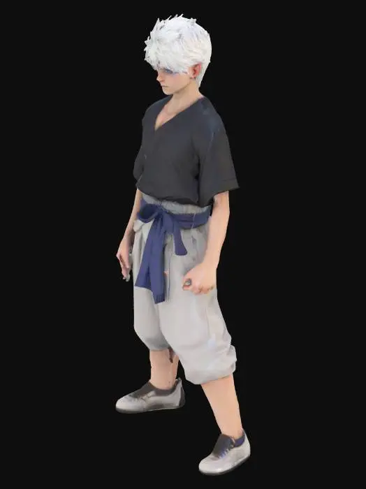 3D model for An unparalleled, hyper-realistic 3D model of Gojo Satoru, flawlessly rendered with no glitches or missing textures. His dynamic, spiky white hair boasts individually sculpted, ethereal strands that catch and refract light with stunning realism. His cerulean blue eyes glow with captivating depth and a subtle inner luminosity, conveying profound insight. A confident, natural smirk rests on his perfect complexion. He wears a meticulously tailored black performance t-shirt, its advanced microfiber knit conforming flawlessly. Light grey hakama-style pants drape with exquisite, tactile fabric integrity, secured by a richly textured indigo silk sash. His posture exudes effortless, complete power.