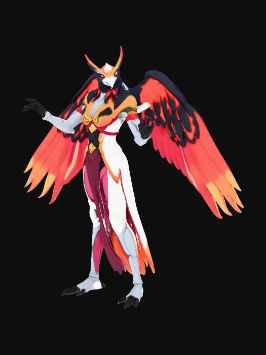 3D model for generate image of Gale Harpy: Sylphra Wind priestess, with the head of a falcon turned cyborg after a turbine storm. She soars ruined skyscrapers, shredding with feather blades, using the style of anime