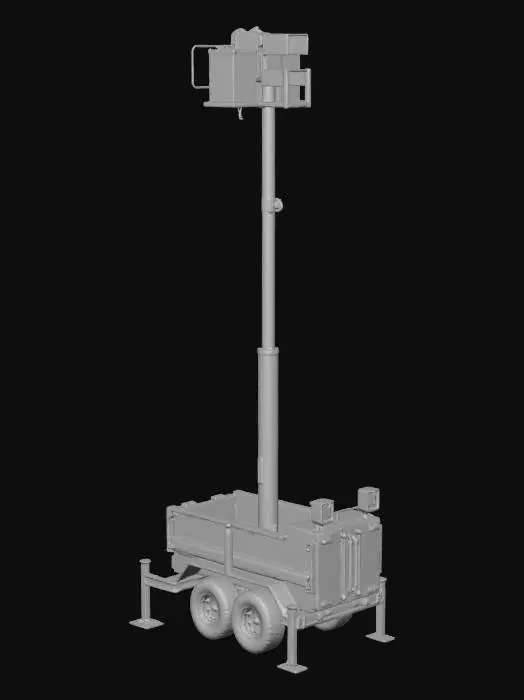 3D model for Generate a  3D CAD model of a rugged, mobile construction safety camera tower built on a heavy-duty single-axle trailer chassis (approximately 2.5m x 1.5m) with a ballast-integrated frame, all-terrain puncture-proof tires, and a standard tow hitch. it must have four swing-down, screw-jack operated outriggers with wide footpads for stability. It should incorporate a three-section, 8-meter telescoping mast with a lightweight lattice structure, operated by a manual winch with a safety brake. The top platform must include four cameras with a 360-degree view, a 5G/LTE antenna, and a tilt-adjustable solar panel. The entire unit should be finished in high-visibility safety yellow.