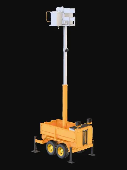 3D model for Generate a  3D CAD model of a rugged, mobile construction safety camera tower built on a heavy-duty single-axle trailer chassis (approximately 2.5m x 1.5m) with a ballast-integrated frame, all-terrain puncture-proof tires, and a standard tow hitch. it must have four swing-down, screw-jack operated outriggers with wide footpads for stability. It should incorporate a three-section, 8-meter telescoping mast with a lightweight lattice structure, operated by a manual winch with a safety brake. The top platform must include four cameras with a 360-degree view, a 5G/LTE antenna, and a tilt-adjustable solar panel. The entire unit should be finished in high-visibility safety yellow.