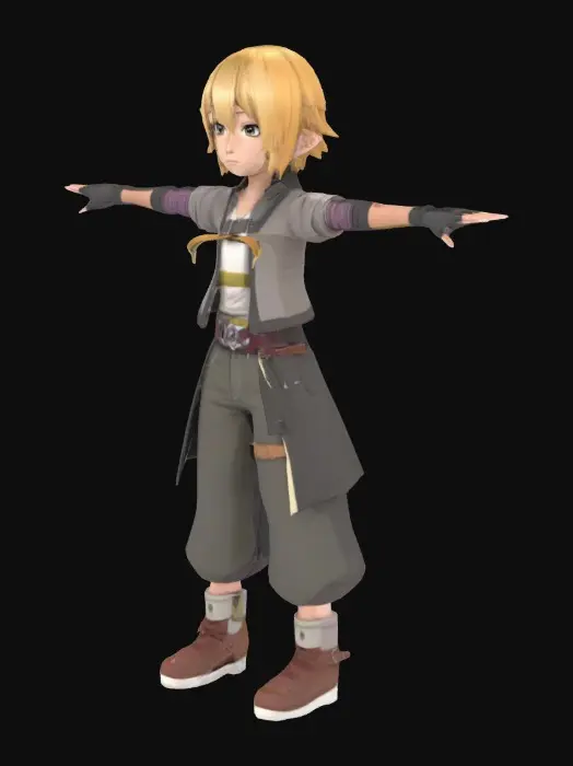3D model for An anime style teenager with blond hair, a T-pose, soft and expressive eyes and a mixture of fantasy and modern clothing. Wear fingerless gloves and a belt. Slightly nervous but determined expression.