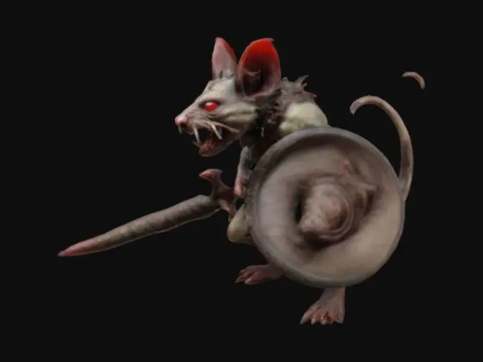 3D model for Warhammer Fantasy Skaven grotesque, rat-like humanoid creature with long, sparsely furred bodies, mottled brown or grey color, their faces are pointed with beady, red eyes, large sharp incisors protruding from their jaws; they have long, scaly tails and their limbs are spindly with clawed hands and feet,  often covered in grime and disease; mostly covered in armor, metal breast plate, chainmail, helmet wielding a sword and triangular spikey shields, charging or ready for combat