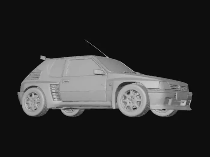 3D model for Une carrosserie de Peugeot 205 GTI Turbo, d'un rouge vif brillant, aux lignes musclées et compactes. Les passages de roue élargis et les jupes latérales distinctives accentuent son allure sportive. La surface métallique est parfaitement lisse et réfléchissante, avec des jointures de panneaux précises et nettes. Des ouïes d'aération subtiles sont intégrées pour le turbo, conservant le design emblématique tout en suggérant une performance accrue. Le modèle est une coque extérieure autonome, prête à être assemblée avec d'autres composants.