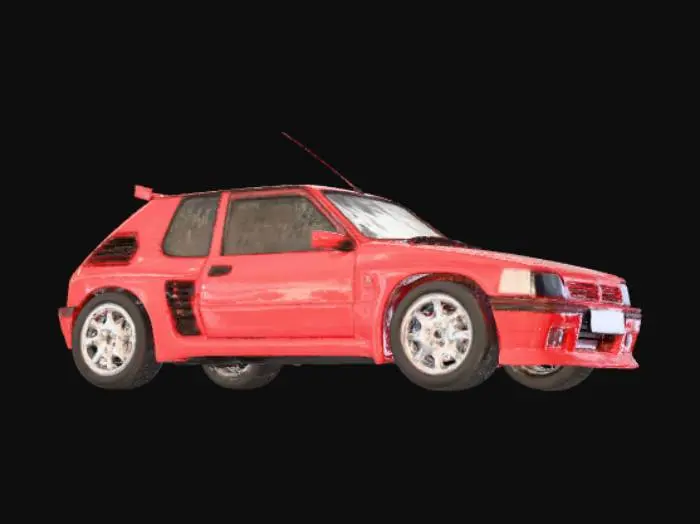 3D model for Une carrosserie de Peugeot 205 GTI Turbo, d'un rouge vif brillant, aux lignes musclées et compactes. Les passages de roue élargis et les jupes latérales distinctives accentuent son allure sportive. La surface métallique est parfaitement lisse et réfléchissante, avec des jointures de panneaux précises et nettes. Des ouïes d'aération subtiles sont intégrées pour le turbo, conservant le design emblématique tout en suggérant une performance accrue. Le modèle est une coque extérieure autonome, prête à être assemblée avec d'autres composants.