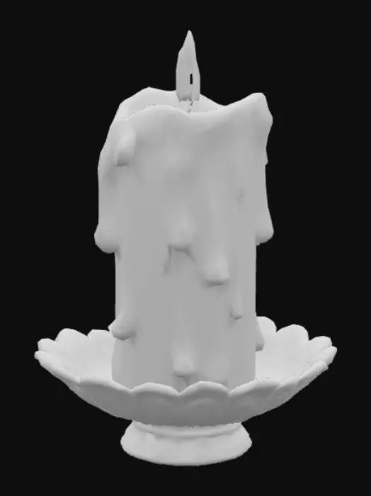 3D model for Create an ultra-realistic, highly detailed 3D model of a red wax candle, partially melted, with realistic drips and irregular textures running down its sides. The candle should be lit, with a warm, soft flame emitting a gentle glow that illuminates the surrounding wax and subtly reflects on nearby surfaces. Place the candle in an ornate metal candle holder, aged and slightly tarnished, with intricate decorative details. Ensure realistic lighting, shadows, and reflections to enhance depth and authenticity, giving the scene a rich, atmospheric, and lifelike quality.
