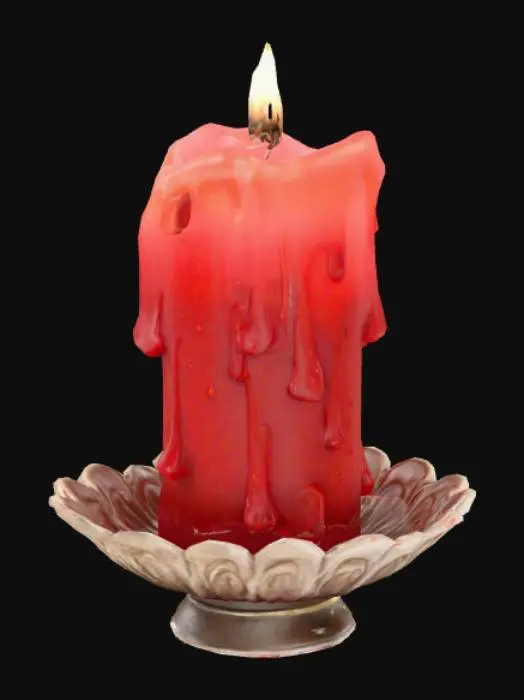 3D model for Create an ultra-realistic, highly detailed 3D model of a red wax candle, partially melted, with realistic drips and irregular textures running down its sides. The candle should be lit, with a warm, soft flame emitting a gentle glow that illuminates the surrounding wax and subtly reflects on nearby surfaces. Place the candle in an ornate metal candle holder, aged and slightly tarnished, with intricate decorative details. Ensure realistic lighting, shadows, and reflections to enhance depth and authenticity, giving the scene a rich, atmospheric, and lifelike quality.