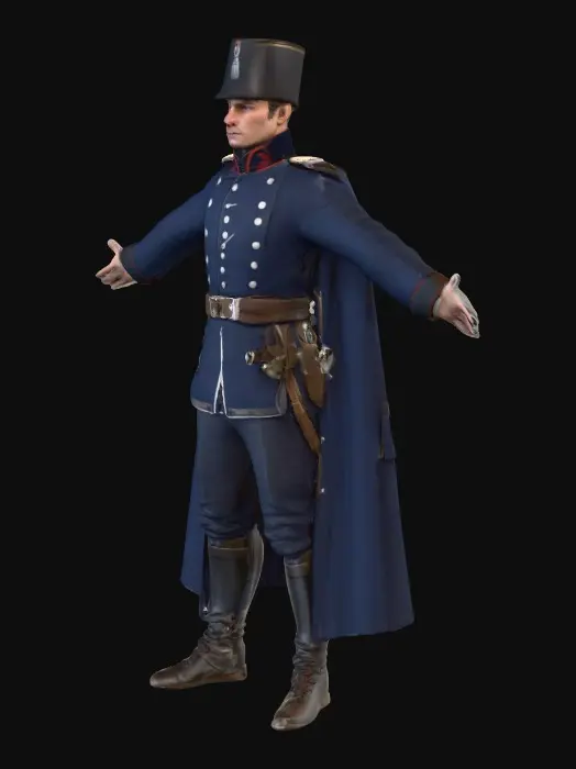 3D model for Napoleon French infantry soldier 1812, Grande Armée winter campaign, wearing dark blue greatcoat, shako with plate, leather straps, backpack, rolled blanket, metal canteen, mess kit pot, musket with bayonet on strap. Full body realistic 3D character, accurate proportions, PBR textures, no background, clean topology.