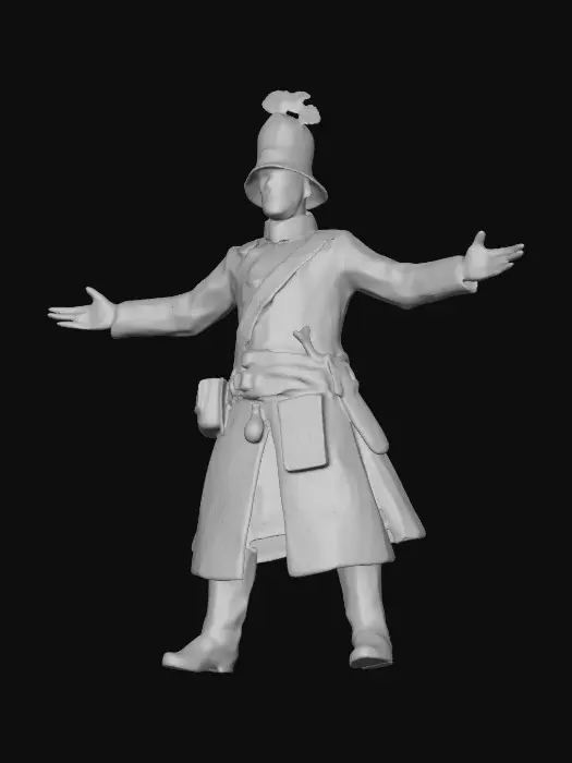 3D model for « French infantry soldier 1812 retreat from Russia, torn winter greatcoat, patched trousers, frost on beard, damaged shoes, overloaded backpack with pots and tools, musket hanging on strap. Gritty worn textures. Full body 3D character, T-pose only, clean topology, no background, realistic winter wear. »