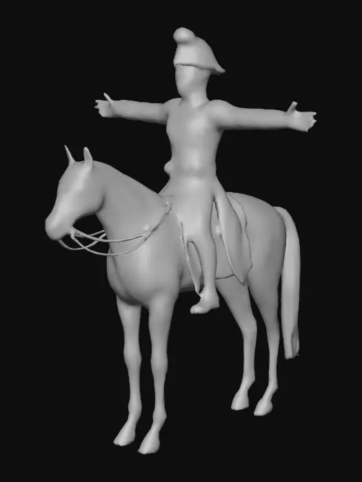 3D model for « Napoleon cavalry soldier 1812, Grande Armée winter campaign, mounted on a horse, wearing dark blue cavalry coat with fur collar, tall riding boots, shako with cover, leather gloves, sabre attached to belt, carbine slung on shoulder, saddled horse equipment visible (saddle, rolled blanket, saddlebags). Full body realistic 3D character in T-pose only, accurate proportions, PBR textures, clean topology, no background, detailed historical winter gear. »