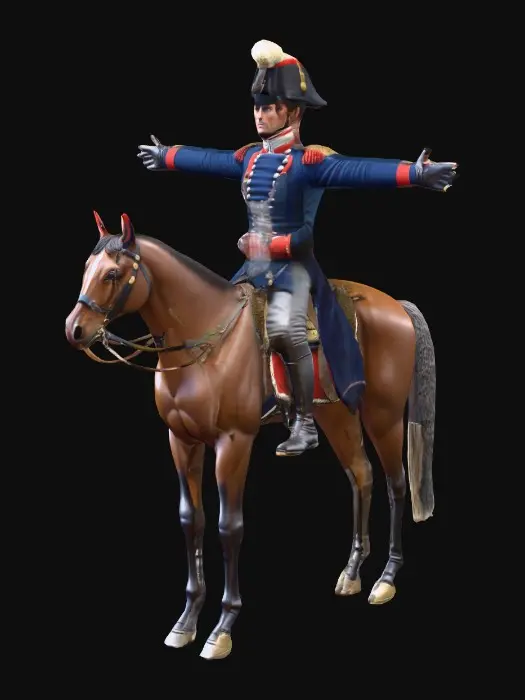 3D model for « Napoleon cavalry soldier 1812, Grande Armée winter campaign, mounted on a horse, wearing dark blue cavalry coat with fur collar, tall riding boots, shako with cover, leather gloves, sabre attached to belt, carbine slung on shoulder, saddled horse equipment visible (saddle, rolled blanket, saddlebags). Full body realistic 3D character in T-pose only, accurate proportions, PBR textures, clean topology, no background, detailed historical winter gear. »