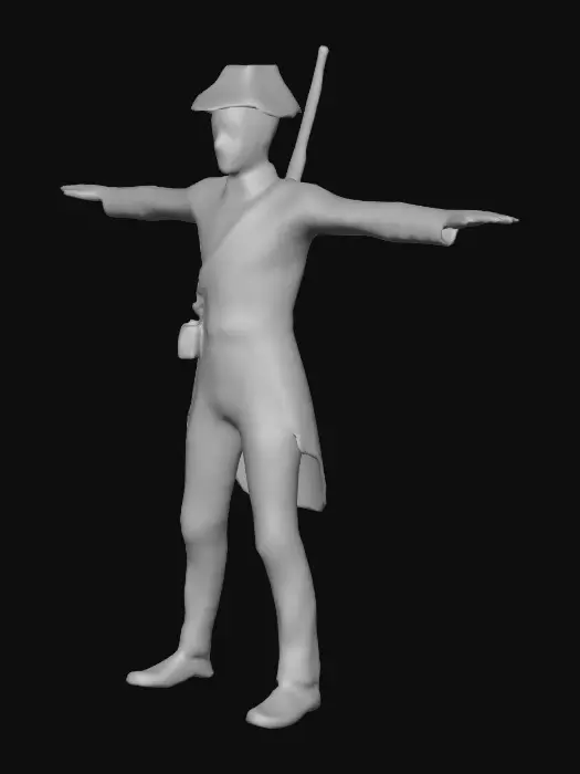 3D model for Napoleon French infantry soldier 1812, Grande Armée winter campaign, wearing dark blue greatcoat, shako with plate, leather straps, backpack, rolled blanket, metal canteen, mess kit pot, musket with bayonet on strap. Full body realistic 3D character, only, accurate proportions, no background