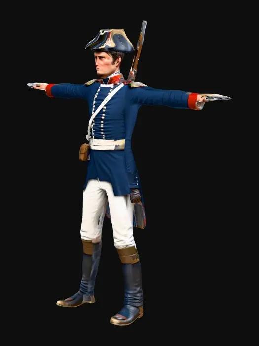 3D model for Napoleon French infantry soldier 1812, Grande Armée winter campaign, wearing dark blue greatcoat, shako with plate, leather straps, backpack, rolled blanket, metal canteen, mess kit pot, musket with bayonet on strap. Full body realistic 3D character, only, accurate proportions, no background