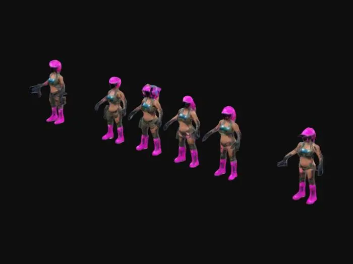 3D model for crie uma imagem 3D de fundo de sala de espera de um jogo de batle royale 3d realista inovador e futurista com squad de 8 personagens femininas de biquine e botas estilo coturno de cano longo camuflado capacete com viseira transparente e colete e com armas de sniper 3d de game estilo carapina e aw de precisao e cada uma com cor de cabelo diferaente uma pink rosa outra aul neon outra preto brilhante outra loira clara e outra loira com cabelos loiro escuro outra com cabelo vermelho e outra com cabelo verde e outros itens de sua preferencia para melhorar mais ainda
