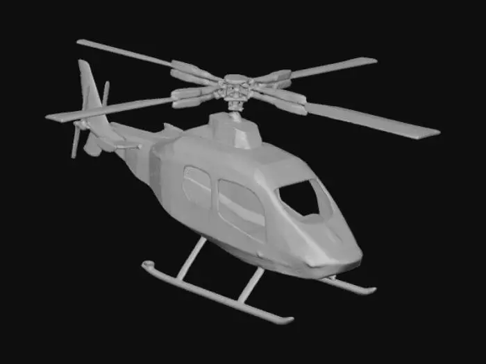 3D model for "Helper" crie um helicoptero sem vidros sem portas e sem janelas e helicoptero oco por dentro vazio sem nada e sem parabrisa so armação e lataria de inox brilhante e 4 helice normal