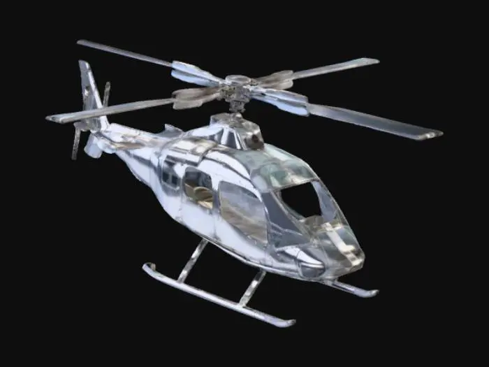 3D model for "Helper" crie um helicoptero sem vidros sem portas e sem janelas e helicoptero oco por dentro vazio sem nada e sem parabrisa so armação e lataria de inox brilhante e 4 helice normal