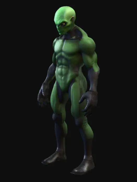 3D model for #villain#,   crie um vilao et-valdo e uma textura realistica para o vilao et-valdo com simetria perfeita pele na cor verde e ohos pretos roupa espacial camuflada luvas pequenas e preta nas maos e bota cano curto na cor preta