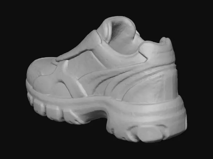 3D model for Stylized 3D game prop. A single sporty sneaker (one shoe only), with a dark main color (for example navy blue) and bright accent panels or stripes (lime, yellow or cyan) that sweep backward to suggest speed. The midsole is a bit thicker and softer than on a basic shoe, with a clearly defined but moderate tread pattern. The sneaker looks like a decent entry-level running shoe. Isolated on pure white background, soft studio lighting, clean readable silhouette, saturated colors and bright highlights.