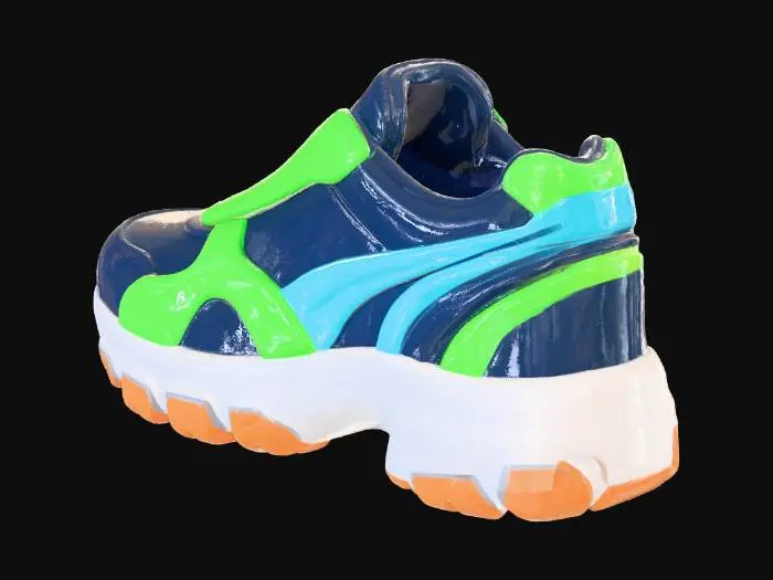 3D model for Stylized 3D game prop. A single sporty sneaker (one shoe only), with a dark main color (for example navy blue) and bright accent panels or stripes (lime, yellow or cyan) that sweep backward to suggest speed. The midsole is a bit thicker and softer than on a basic shoe, with a clearly defined but moderate tread pattern. The sneaker looks like a decent entry-level running shoe. Isolated on pure white background, soft studio lighting, clean readable silhouette, saturated colors and bright highlights.