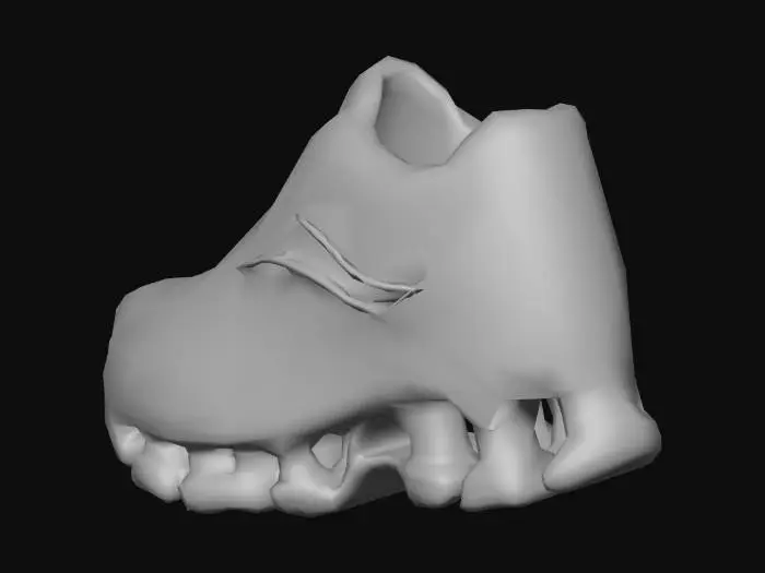 3D model for Stylized 3D game prop. A single futuristic “turbo” sneaker (one shoe only), designed for maximum speed: sleek, slightly exaggerated shape with semi-transparent panels revealing subtle glowing energy lines inside the upper. The sole is multi-segmented with bold sculpted cushioning elements and grooves, looking springy and high-tech. Color scheme: dark base (black, deep purple or navy) with bright neon accents (turquoise, neon green, magenta) and glowing details that emphasize motion. Isolated on pure white background, soft studio lighting, clean readable silhouette, saturated colors, bright metallic and glossy highlights.