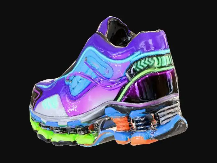 3D model for Stylized 3D game prop. A single futuristic “turbo” sneaker (one shoe only), designed for maximum speed: sleek, slightly exaggerated shape with semi-transparent panels revealing subtle glowing energy lines inside the upper. The sole is multi-segmented with bold sculpted cushioning elements and grooves, looking springy and high-tech. Color scheme: dark base (black, deep purple or navy) with bright neon accents (turquoise, neon green, magenta) and glowing details that emphasize motion. Isolated on pure white background, soft studio lighting, clean readable silhouette, saturated colors, bright metallic and glossy highlights.