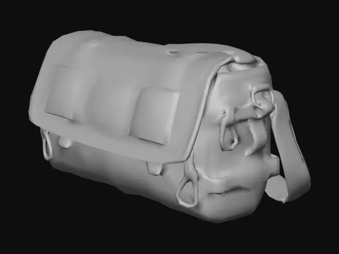 3D model for Stylized 3D game prop. A larger side “mule” bag worn cross-body: a messenger-style bag with a big front flap covering the main compartment and two or three flat pockets sewn onto the flap. Straps, loops and a couple of small metal carabiners run along the sides, suggesting extra attachment points. The base fabric is dark gray or charcoal, with bright colored straps (lime, red or blue) for a striking contrast. The bag shape is long and wide, clearly indicating more capacity than a simple waist bag. Saturated colors, bright metallic and fabric highlights, isolated on pure white background, soft studio lighting, clean readable silhouette.