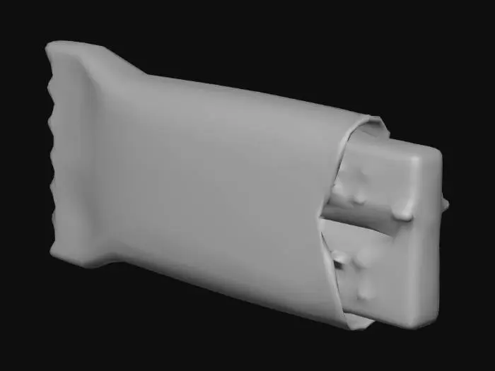 3D model for Stylized 3D game prop. A small chocolate energy bar in a slightly crumpled bright wrapper, with one torn corner revealing a piece of chocolate. The wrapper uses one dominant saturated color (for example orange or red) and a bold generic “ENERGY” style label, no real brand. The bar looks cheap but tasty, clearly a low-tier energy snack. Isolated on pure white background, soft studio lighting, clean readable silhouette, saturated colors, glossy highlights on the wrapper.