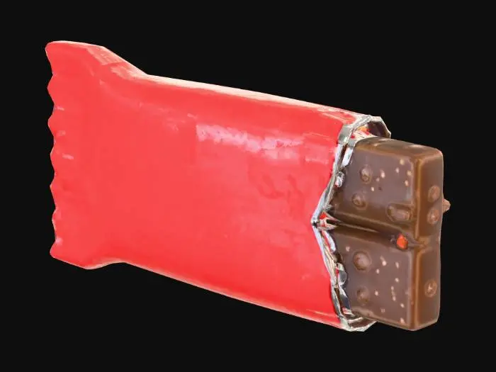 3D model for Stylized 3D game prop. A small chocolate energy bar in a slightly crumpled bright wrapper, with one torn corner revealing a piece of chocolate. The wrapper uses one dominant saturated color (for example orange or red) and a bold generic “ENERGY” style label, no real brand. The bar looks cheap but tasty, clearly a low-tier energy snack. Isolated on pure white background, soft studio lighting, clean readable silhouette, saturated colors, glossy highlights on the wrapper.