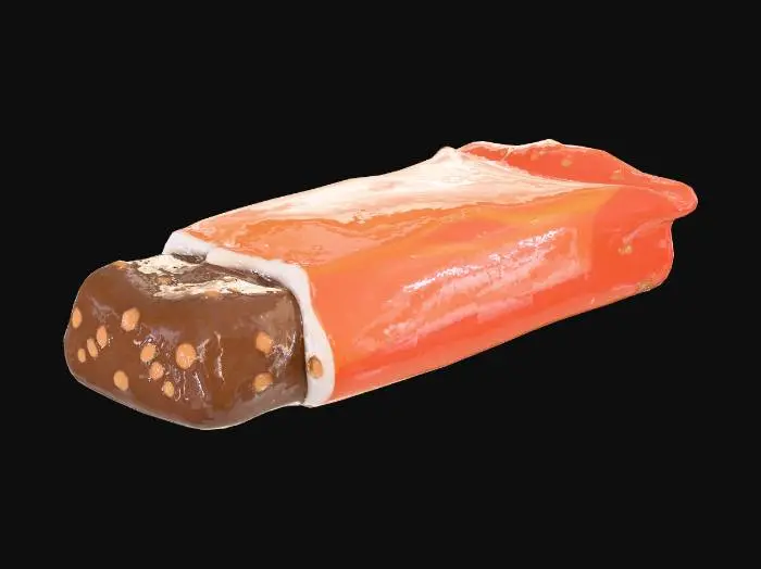 3D model for Stylized 3D game prop. A small chocolate energy bar in a slightly crumpled bright wrapper, with one torn corner revealing a piece of chocolate. The wrapper uses one dominant saturated color (for example orange or red) and a bold generic “ENERGY” style label, no real brand. The bar looks cheap but tasty, clearly a low-tier energy snack. Isolated on pure white background, soft studio lighting, clean readable silhouette, saturated colors, glossy highlights on the wrapper.