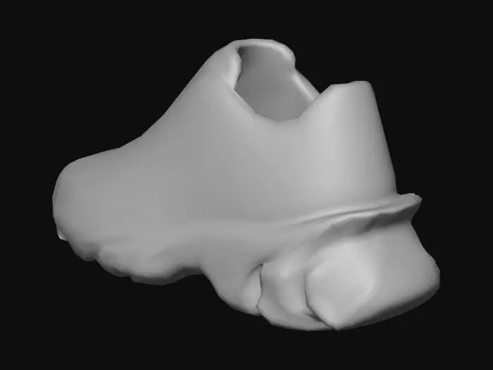 3D model for Stylized 3D game prop. A single advanced running sneaker (only one shoe), with an aerodynamic, aggressive silhouette: slightly pointed toe, flowing curved lines across the upper and a dynamic shape to the heel. The color scheme is high-contrast (light or white base with neon accents, such as neon green or electric blue). The sole is thicker with a visible extended heel and deeper tread, clearly suggesting higher speed and performance. Isolated on pure white background, soft studio lighting, clean readable silhouette, saturated colors, glossy highlights on key surfaces.