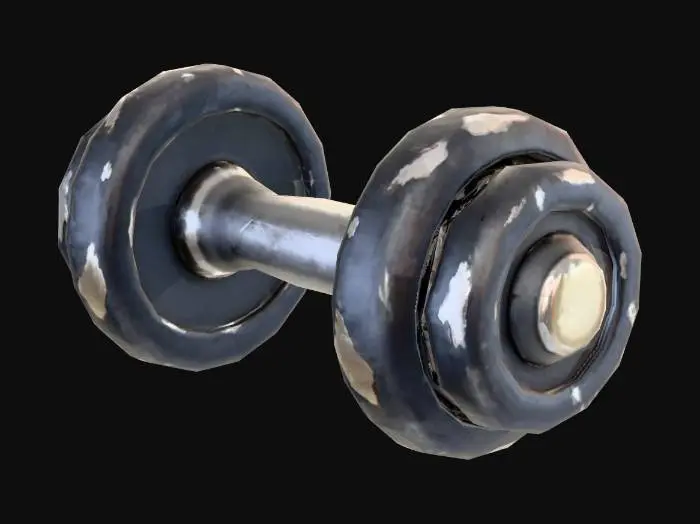 3D model for Stylized 3D game prop. A single small dumbbell (one piece, not a pair) with a simple metal handle and two round dark gray weight plates. Slightly worn with a few scratches and soft edges, but otherwise plain and basic. Isolated on pure white background, soft studio lighting, clean readable silhouette, saturated but muted colors.