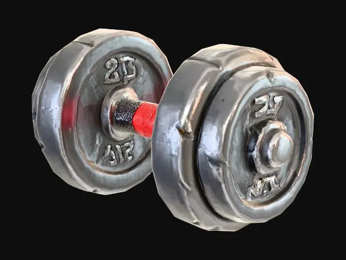 3D model for Stylized 3D game prop. A single medium-size dumbbell with thicker, wider weight plates and a knurled metal handle that has a bright colored grip section in the center (for example red or yellow). The plates may have a simple embossed number to imply weight. Slightly stylized chunky proportions, looking clearly stronger than a basic dumbbell. Isolated on pure white background, soft studio lighting, clean readable silhouette, saturated colors, bright metallic highlights.
