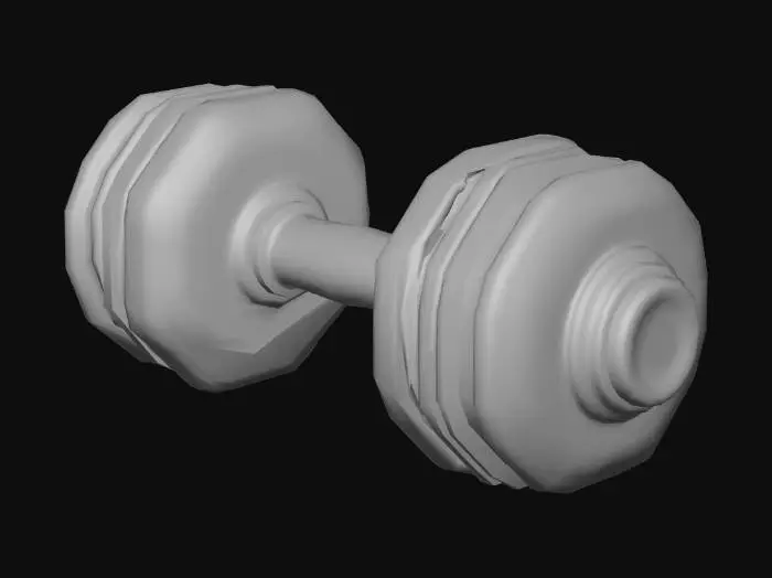 3D model for Stylized 3D game prop. A single heavy “power block” dumbbell with large slightly faceted weight plates (not perfectly round), combining dark matte metal with bright colored rings or stripes on the plates (for example green or blue). The handle is thicker than normal and looks built for a strong grip. The whole prop has chunky, heroic proportions, clearly a high-strength training weight. Isolated on pure white background, soft studio lighting, clean readable silhouette, saturated colors, bright metallic and glossy highlights.