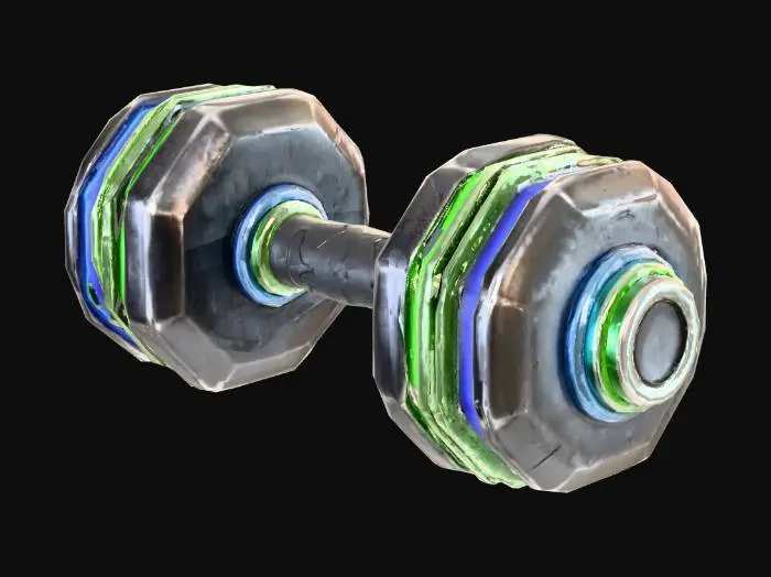 3D model for Stylized 3D game prop. A single heavy “power block” dumbbell with large slightly faceted weight plates (not perfectly round), combining dark matte metal with bright colored rings or stripes on the plates (for example green or blue). The handle is thicker than normal and looks built for a strong grip. The whole prop has chunky, heroic proportions, clearly a high-strength training weight. Isolated on pure white background, soft studio lighting, clean readable silhouette, saturated colors, bright metallic and glossy highlights.