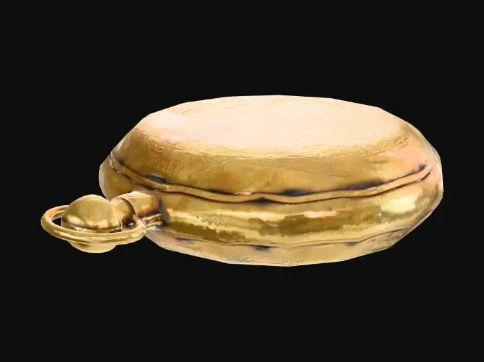 3D model for Stylized 3D game prop. A single closed pocket watch without a chain, lying on a pure white background. The case is round and metallic (brass or slightly golden tone), with a simple engraved pattern or smooth polished lid and a small crown button at the top. The metal is slightly worn with fine scratches but still reflective, suggesting an old mechanical watch. Soft studio lighting, warm metallic highlights, clean readable silhouette.
