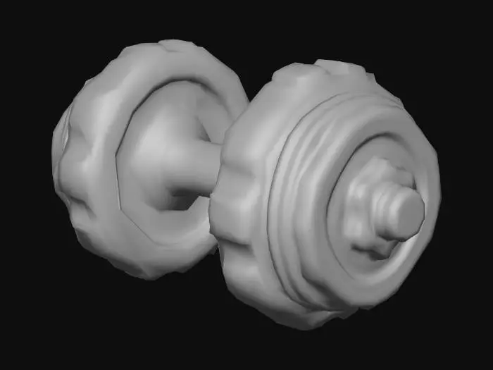 3D model for Stylized 3D game prop. A single massive “titan” dumbbell with very thick, oversized weight plates and a short, sturdy handle. The plates have sculpted ridges or grooves around the rims, giving a slightly high-tech, powerful look. The metal is semi-polished with strong bright reflections, and there are bold colored accents or lines on the plates (neon-like details). The central part of the handle has a thick colored rubber grip, making the dumbbell feel like a premium, end-game strength item. Isolated on pure white background, soft studio lighting, clean readable silhouette, saturated colors, bright metallic and glossy highlights.