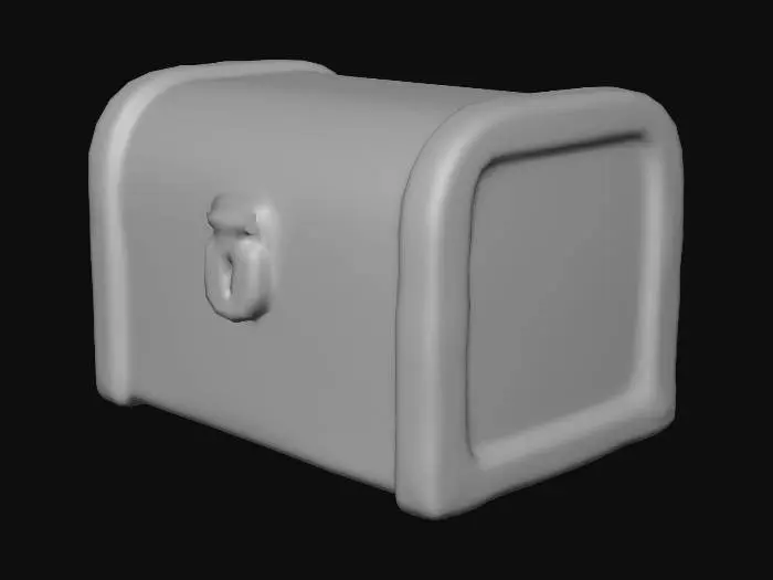 3D model for Stylized 3D game prop. A single small metal contraband chest, slightly rectangular with rounded corners, sitting closed on a pure white background. The chest is made of worn dark metal with patches of rust, reinforced edges and simple metal bands, and a chunky front lock plate (no detailed keyhole needed). A few subtle scratches and dents hint at age, but the chest still looks solid and lootable. Soft studio lighting, bright metallic highlights on edges, clean readable silhouette.