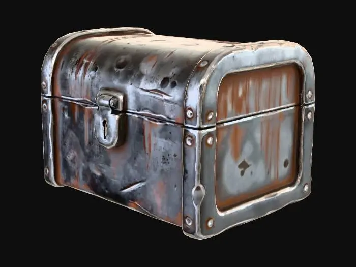3D model for Stylized 3D game prop. A single small metal contraband chest, slightly rectangular with rounded corners, sitting closed on a pure white background. The chest is made of worn dark metal with patches of rust, reinforced edges and simple metal bands, and a chunky front lock plate (no detailed keyhole needed). A few subtle scratches and dents hint at age, but the chest still looks solid and lootable. Soft studio lighting, bright metallic highlights on edges, clean readable silhouette.