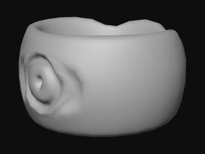 3D model for Stylized 3D game prop. A single gold tooth crown on a pure white background: a small, slightly curved metal tooth cap with an open hollow underside, designed to fit over a tooth. The outer surface is smooth and shiny, with bright gold reflections and a few tiny imperfections to avoid looking too perfect. It should look slightly creepy but clearly valuable. Soft studio lighting, saturated gold color, clean readable silhouette.