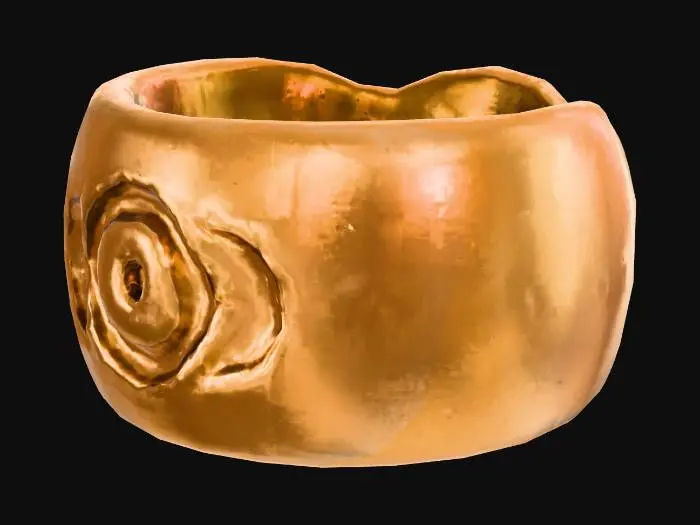 3D model for Stylized 3D game prop. A single gold tooth crown on a pure white background: a small, slightly curved metal tooth cap with an open hollow underside, designed to fit over a tooth. The outer surface is smooth and shiny, with bright gold reflections and a few tiny imperfections to avoid looking too perfect. It should look slightly creepy but clearly valuable. Soft studio lighting, saturated gold color, clean readable silhouette.