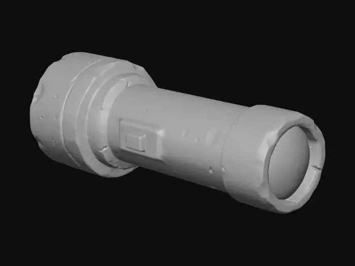 3D model for Stylized 3D game prop. A single small pocket flashlight on a pure white background. Cylindrical body with a textured grip, a simple on/off button on the side, and a dull front lens that looks cloudy or dirty. The metal or plastic casing shows scuffs and small dents, giving the impression that it no longer works reliably. Soft studio lighting, clean readable silhouette, muted saturated colors, subtle metallic highlights.