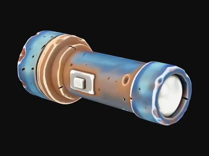3D model for Stylized 3D game prop. A single small pocket flashlight on a pure white background. Cylindrical body with a textured grip, a simple on/off button on the side, and a dull front lens that looks cloudy or dirty. The metal or plastic casing shows scuffs and small dents, giving the impression that it no longer works reliably. Soft studio lighting, clean readable silhouette, muted saturated colors, subtle metallic highlights.