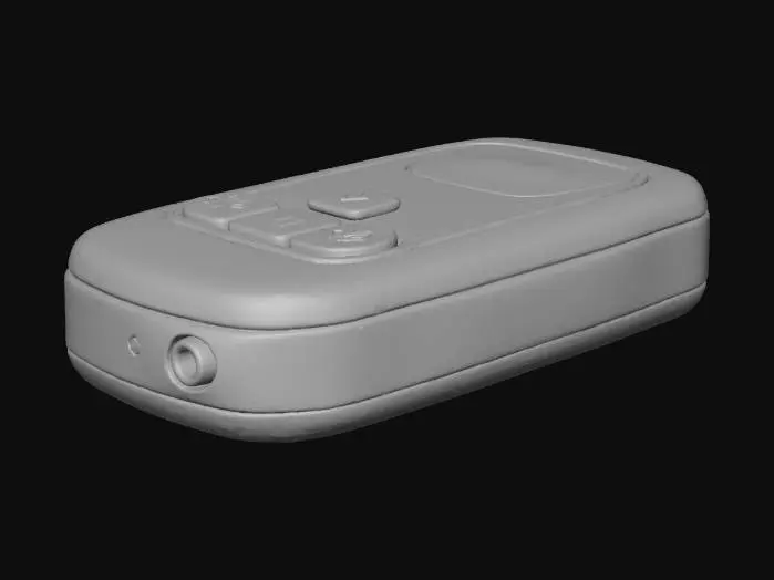 3D model for Stylized 3D game prop. A single worn portable MP3 player on a pure white background. Small, rounded rectangular body with a tiny screen and simple playback buttons (play, pause, arrows), plus a headphone jack. The surface has noticeable scratches and faded paint, suggesting heavy use. No headphones attached. Soft studio lighting, clean readable silhouette, saturated but slightly faded colors.