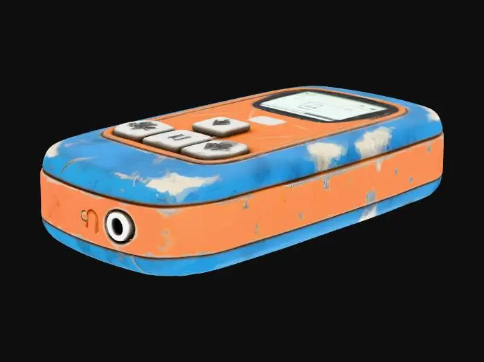 3D model for Stylized 3D game prop. A single worn portable MP3 player on a pure white background. Small, rounded rectangular body with a tiny screen and simple playback buttons (play, pause, arrows), plus a headphone jack. The surface has noticeable scratches and faded paint, suggesting heavy use. No headphones attached. Soft studio lighting, clean readable silhouette, saturated but slightly faded colors.