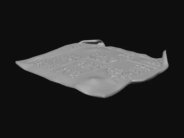 3D model for Stylized 3D game prop. A torn fragment of a newspaper page on a pure white background. The piece shows a typical newspaper layout: rectangular columns, blocks and placeholder boxes, filled with tiny illegible lines and shapes that suggest text but cannot be read. No visible headlines or clear words, just abstract text patterns. Edges are jagged and slightly curled. Soft studio lighting, clean readable silhouette, muted grayish paper tones.