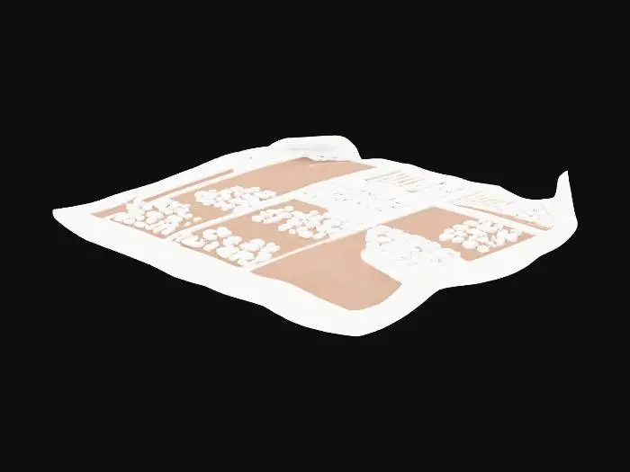 3D model for Stylized 3D game prop. A torn fragment of a newspaper page on a pure white background. The piece shows a typical newspaper layout: rectangular columns, blocks and placeholder boxes, filled with tiny illegible lines and shapes that suggest text but cannot be read. No visible headlines or clear words, just abstract text patterns. Edges are jagged and slightly curled. Soft studio lighting, clean readable silhouette, muted grayish paper tones.