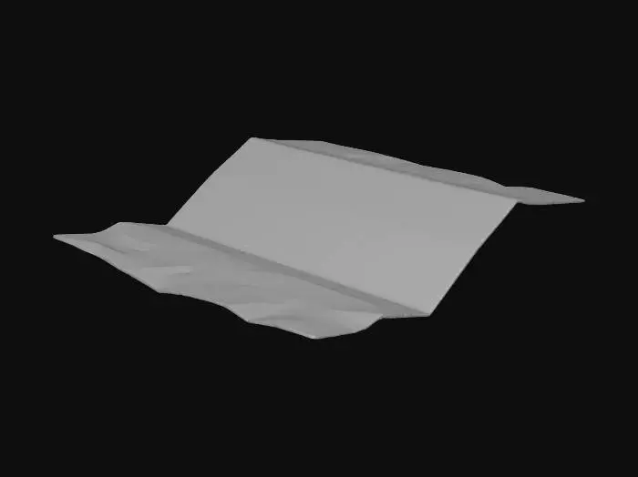 3D model for Stylized 3D game prop. A single folded, slightly yellowed sheet of paper on a pure white background, partially opened to reveal a simple schematic map of a prison area: rectangles and corridors drawn with dark lines, arrows and basic symbols. No readable labels, only abstract shapes and blocks that suggest a layout. The paper has light creases and subtle stains. Soft studio lighting, clean readable silhouette, muted colors.