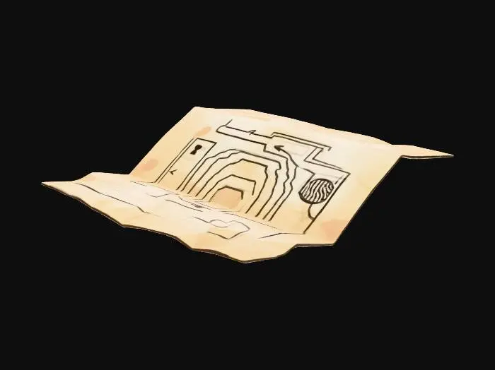 3D model for Stylized 3D game prop. A single folded, slightly yellowed sheet of paper on a pure white background, partially opened to reveal a simple schematic map of a prison area: rectangles and corridors drawn with dark lines, arrows and basic symbols. No readable labels, only abstract shapes and blocks that suggest a layout. The paper has light creases and subtle stains. Soft studio lighting, clean readable silhouette, muted colors.