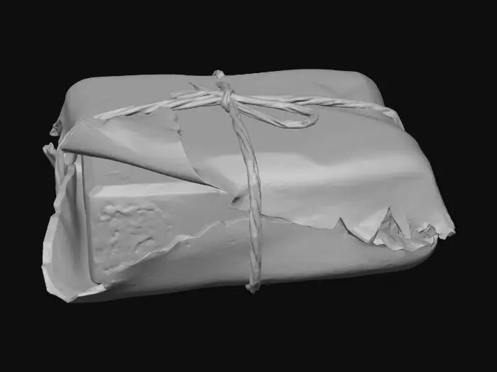 3D model for Stylized 3D game prop. A small wrapped bundle on a pure white background: a rough cloth rag tied around a bar of soap, the shape clearly showing a solid rectangular object inside. One corner of the rag is slightly open, revealing a bit of light-colored soap. The cloth is worn and stained. Soft studio lighting, clean readable silhouette, muted fabric and soap colors.