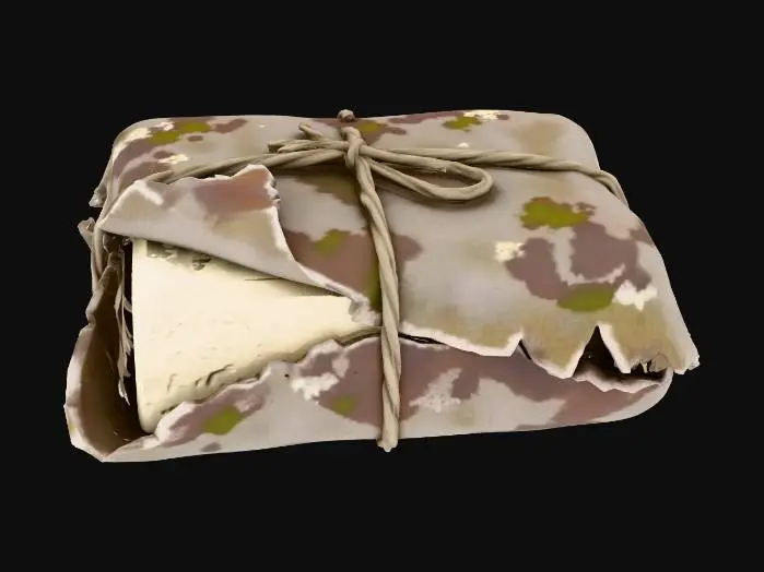 3D model for Stylized 3D game prop. A small wrapped bundle on a pure white background: a rough cloth rag tied around a bar of soap, the shape clearly showing a solid rectangular object inside. One corner of the rag is slightly open, revealing a bit of light-colored soap. The cloth is worn and stained. Soft studio lighting, clean readable silhouette, muted fabric and soap colors.